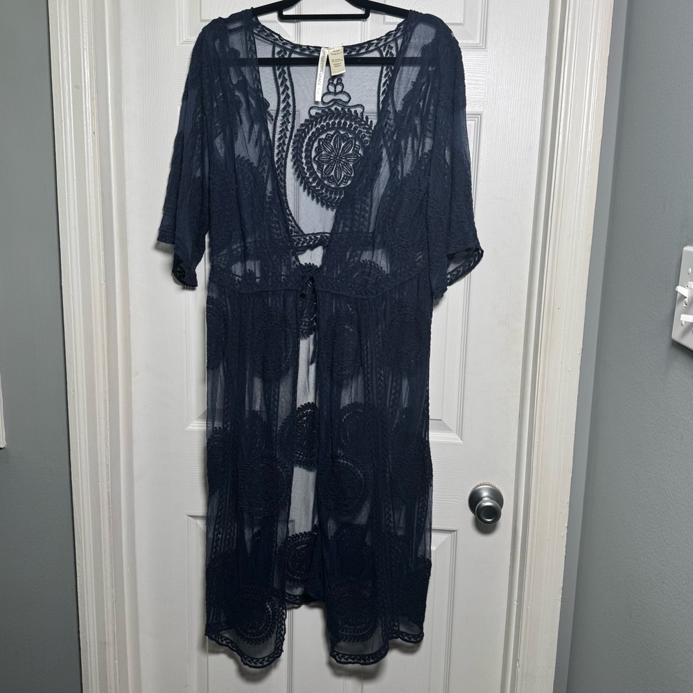 Forgotten Grace Sheer Lace Kimono Duster Navy Blue Open Front L